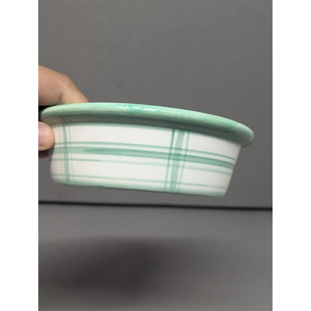 VTG Ceramic Lattice Pie Potpourri Dish Green Plaid Stoneware with Vented Lid